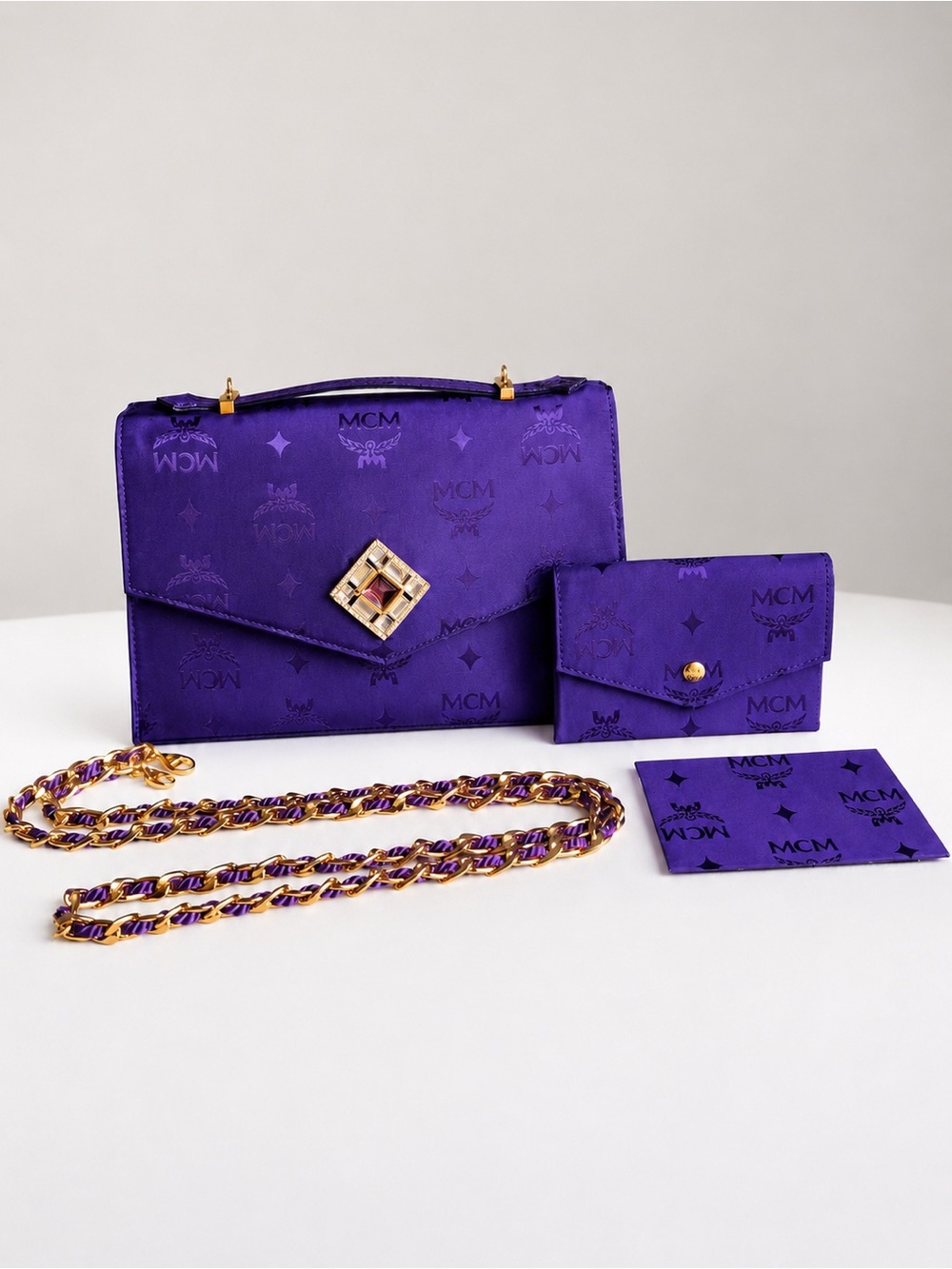 Vintage MCM Purple Tonal Monogram Chain Bag & Matching Wallet and Mirror Set
